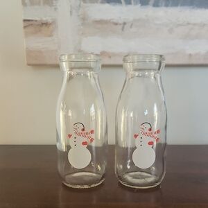 Crate&Barrel Snowman Glass Milk Bottles